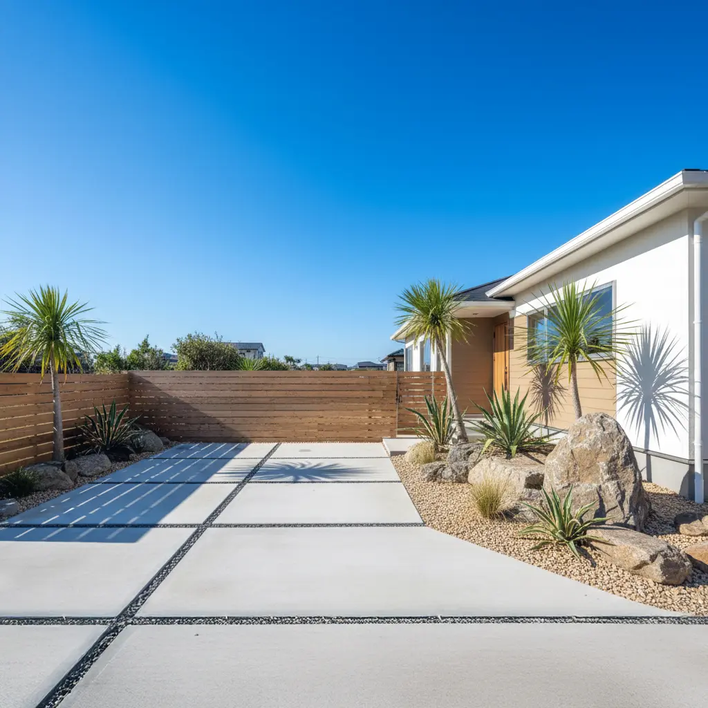 カリフォルニアテイストの外構。板張りフェンスとドライガーデンで構成した開放感のある外構デザイン