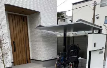 洗練された雰囲気にぴったりな駐車場屋根サイクルポートSCとおしゃれな門塀。
